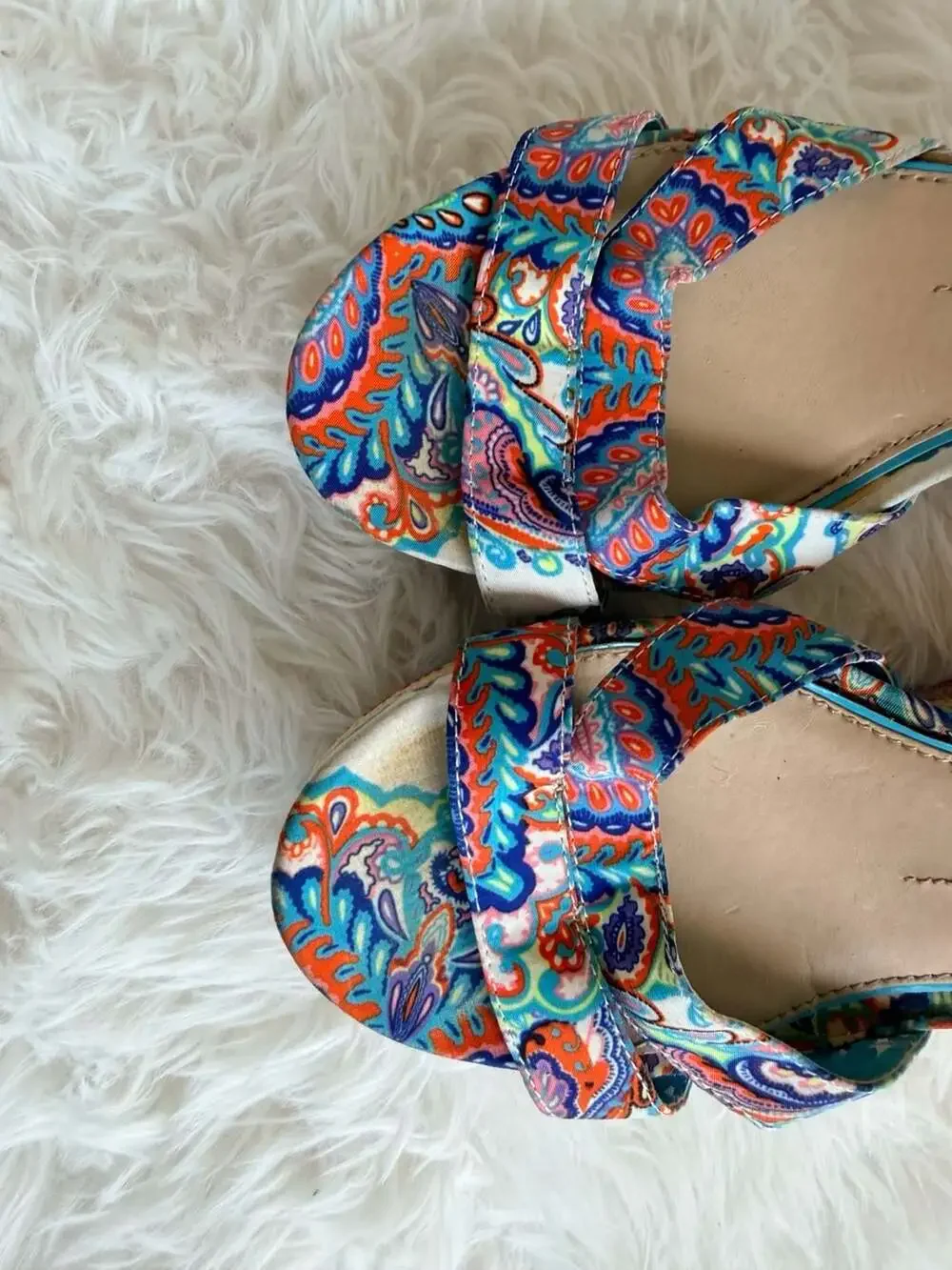 Gianni Bini Blue Multi-Colored Paisley Print Ankle Strap Wedge Sandals